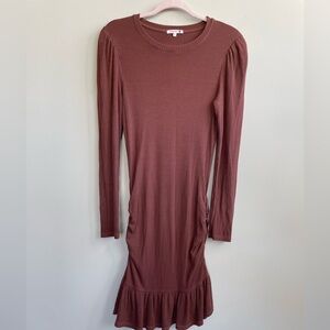 Sundry Long Sleeve Ribbed Bodycon Dress Side Hip Ruching Ruffle Hem